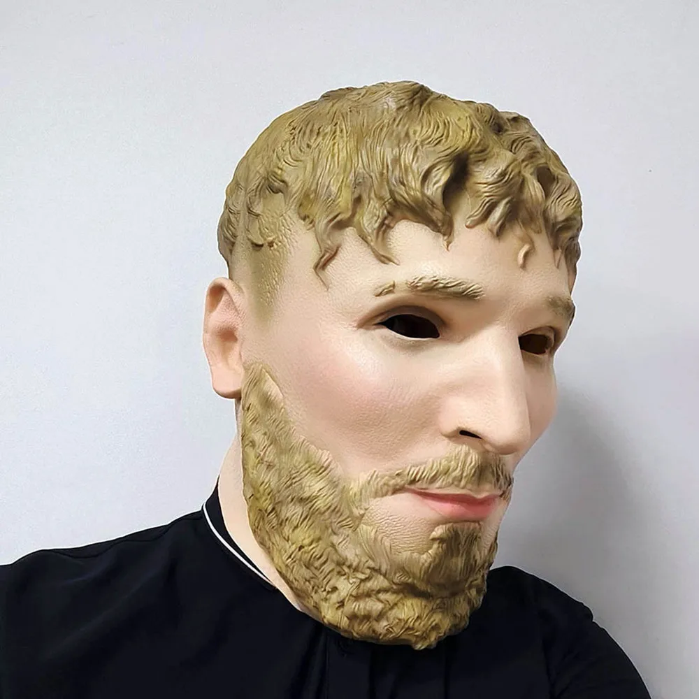 Realistische Latex-Maske für den ganzen Kopf mit lockigem blondem Haar und Bart-Design für Maskerade, Halloween, Cosplay, Kostümparty, Requisiten – Detail 1