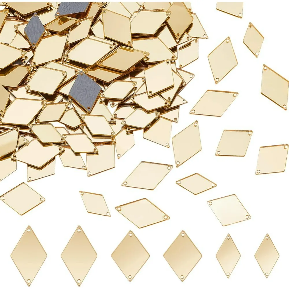 

300pcs 3 Sizes Sew on Mirrors Rhombus Acrylic Mirror DIY Mirrored Rhinestones Mirror Piece Loose Bead Links with 2 Holes kit