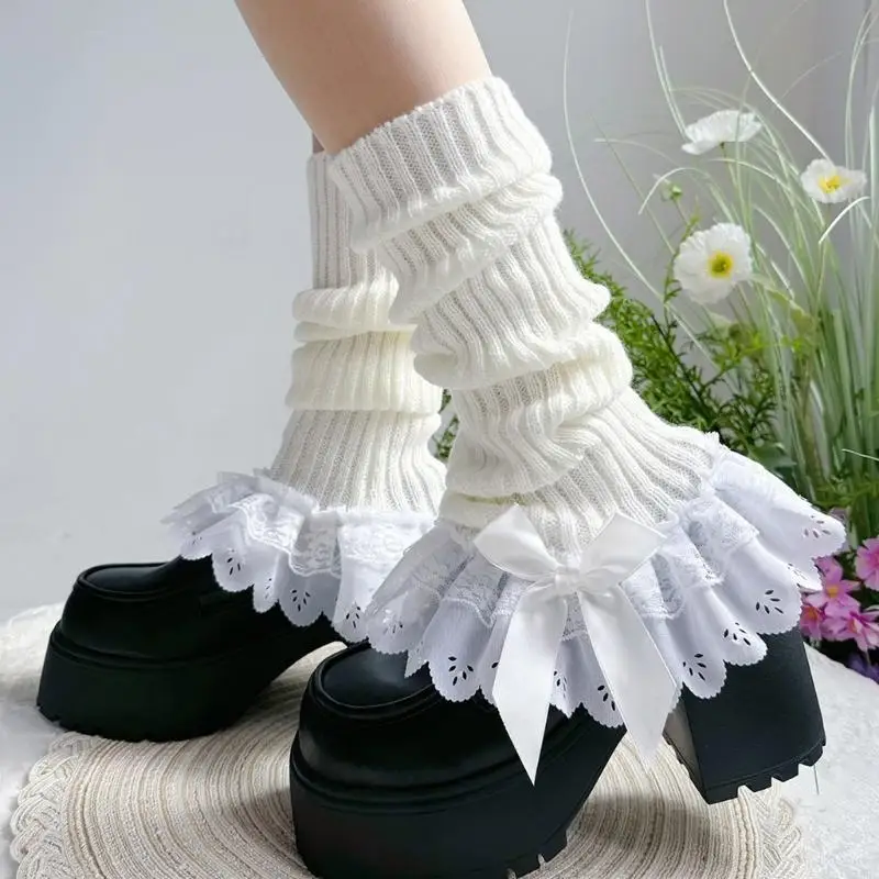 

195E Winter Ruffle Frilly Leg Warmers for Women Girl Lolitas Foot Cover Socks Gothic Harajuku Leg Cover Middle Tube Socks