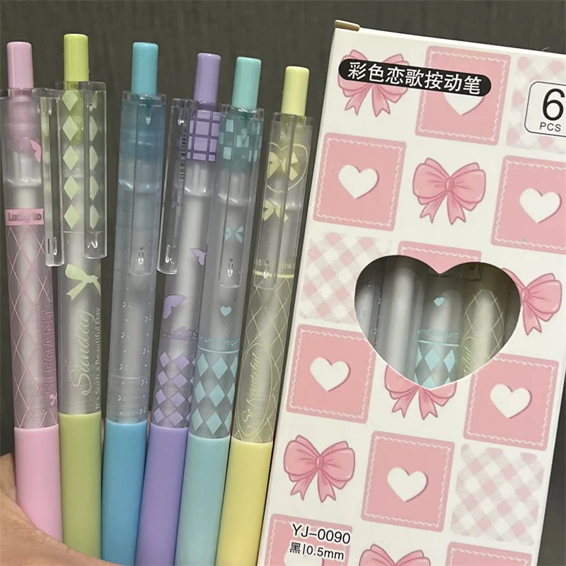 6pc/set Transparent Bow Gel Pen for Kids Fashion Sweet Candy Color Plaid Bow Stationery Gel Pen 0.5mm  Black Ink Pen for Writing