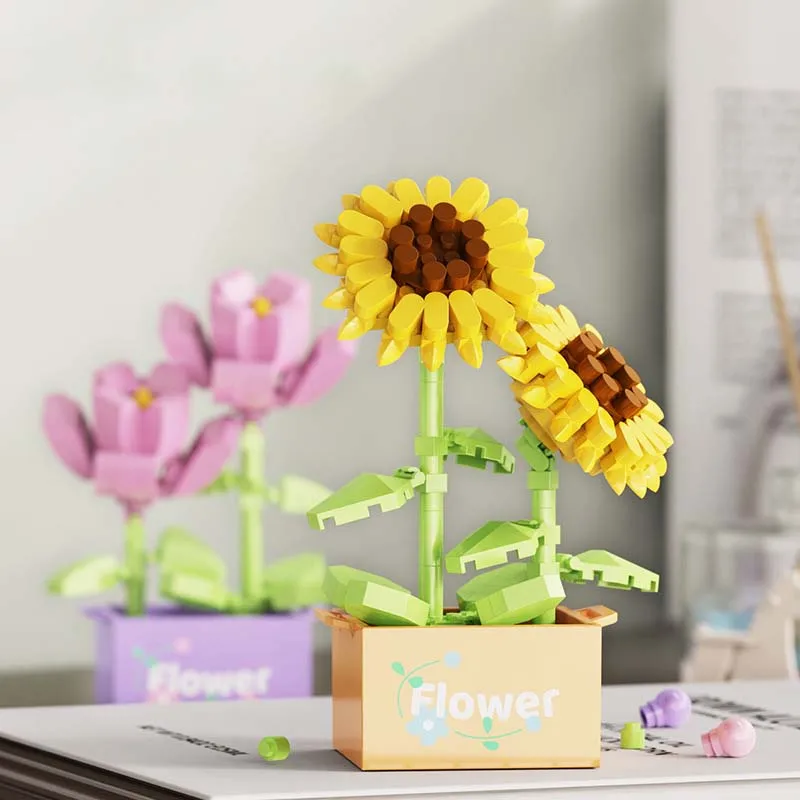 

Цветочные сочные растения в горшках, строительные блоки, букет из микрочастиц, розовые кирпичи, детская игрушка-головоломка, украшение для рабочего стола