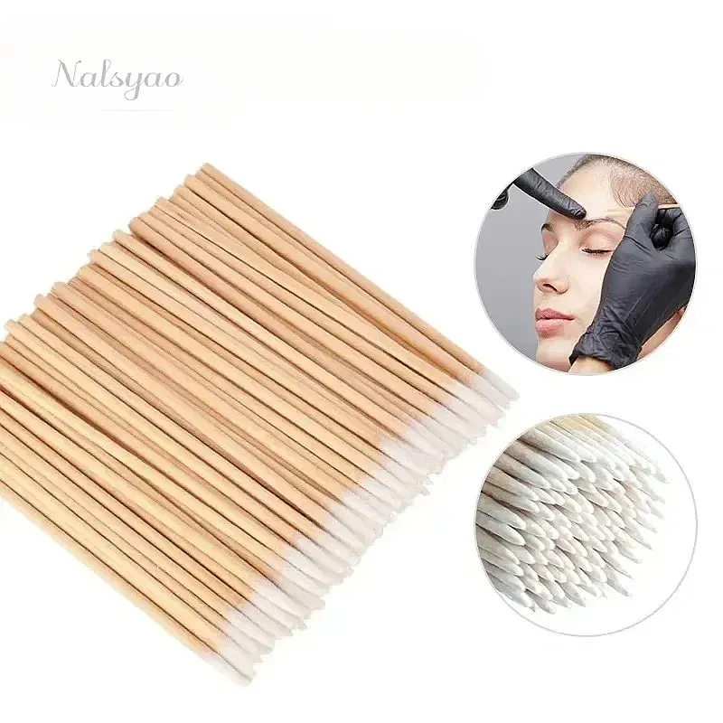 100/300 PCS Wood Handle Pointed Tip Cotton Swabs for Ear Care Clean Eyebrow Eyelash Tattoo Threading Makeup Remover Tool
