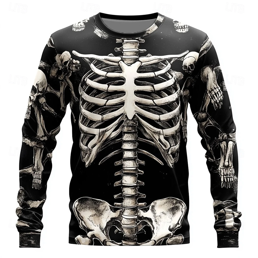 

2025 Halloween Skeleton Print Long Sleeve T-Shirt for Men GothicTrendy Streetwear Casual Tops Halloween Party Tee Fall Winter