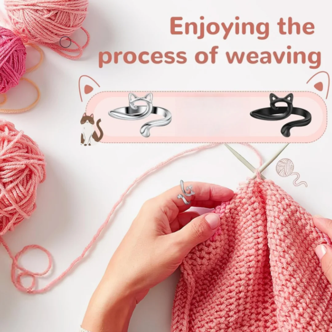 2PCS  Adjustable Metal Crochet Rings with Cute Cat Ears Yarn Guide Tension Rings for Faster Knitting Open Finger Hook for Beginners Knitting Accessories for Crafting Gift for Mothers Grandmas