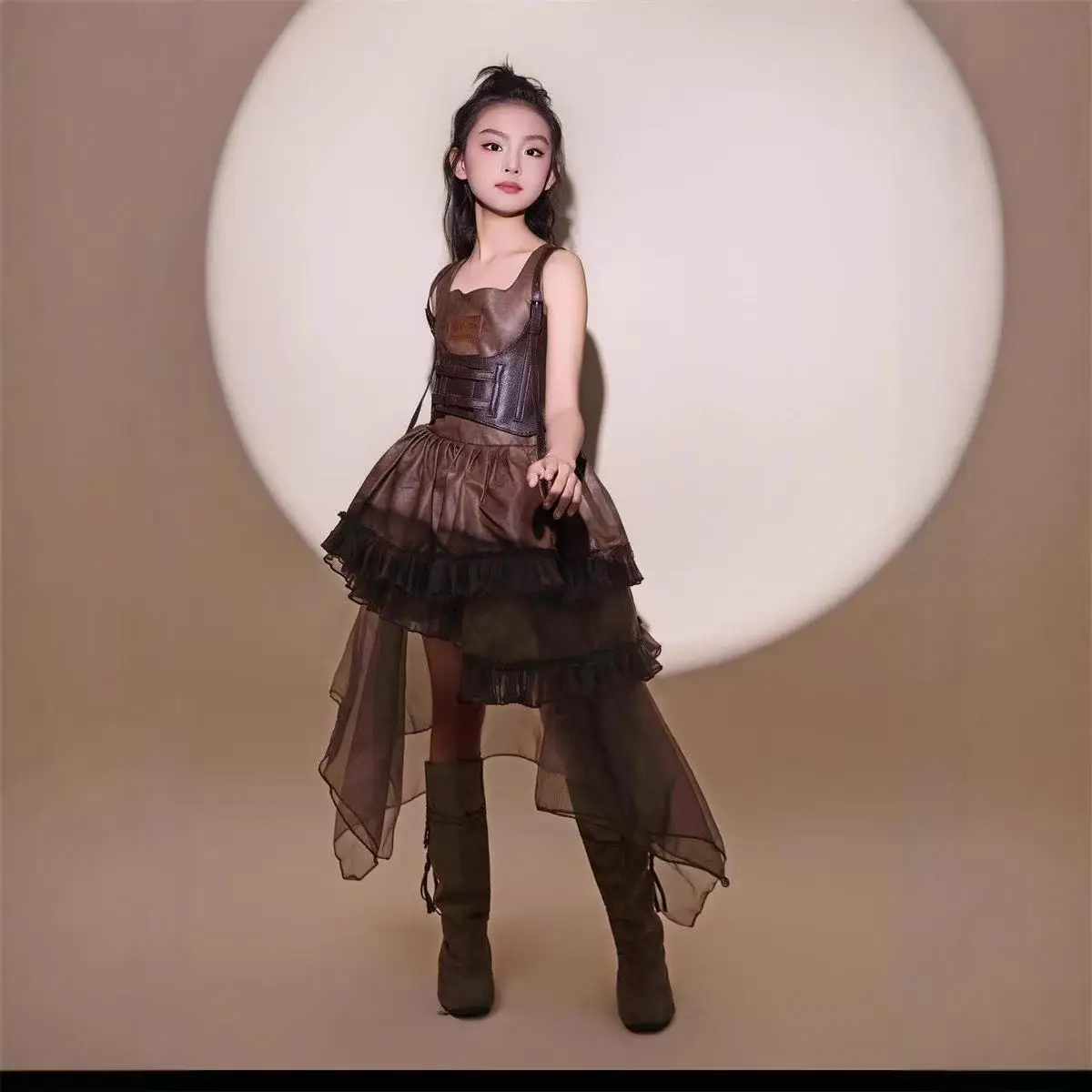 

New Brown-beige Girls' Dress With Leather Accents Steampunk Vintage-inspired Runway Catwalk Mechanical-style for Older Children
