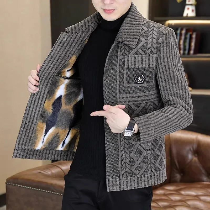 

Мужская демисезонная шерстяная куртка с отложным воротником, высококачественная, под норку, для среднего возраста, повседневная, с геометрическим узором...