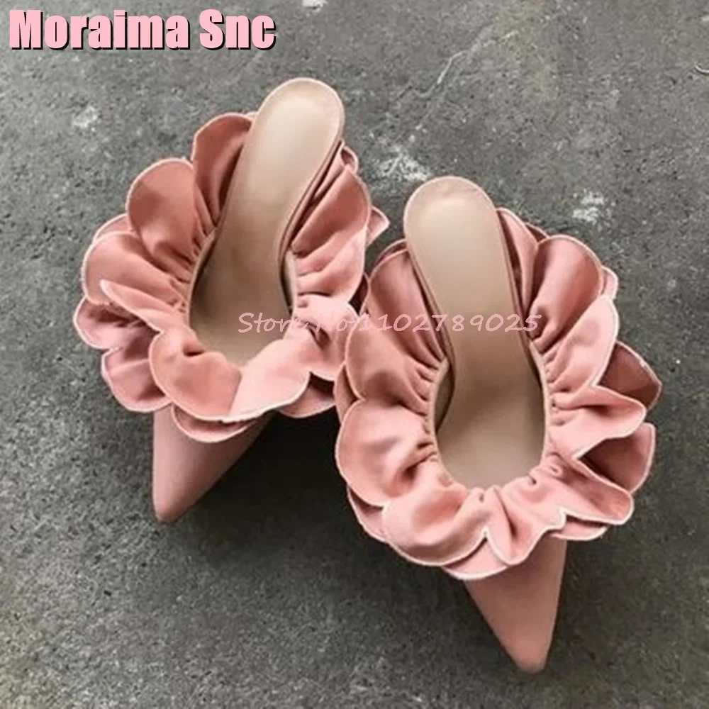 

Satin Flower Pointed Toe Mules Stiletto High Heel Shallow Women Shoes Summer Fashion Unique Party Slippers Ivory Solid Outdoor