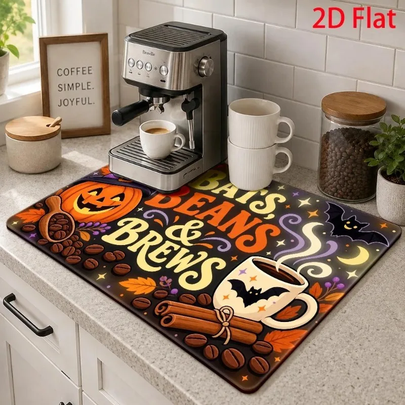 Dish Drying Mat 2D Flat Halloween Ghost Pumpkin Cushion Super Absorbent Boo Brew Espresso Machine Countertop Placement