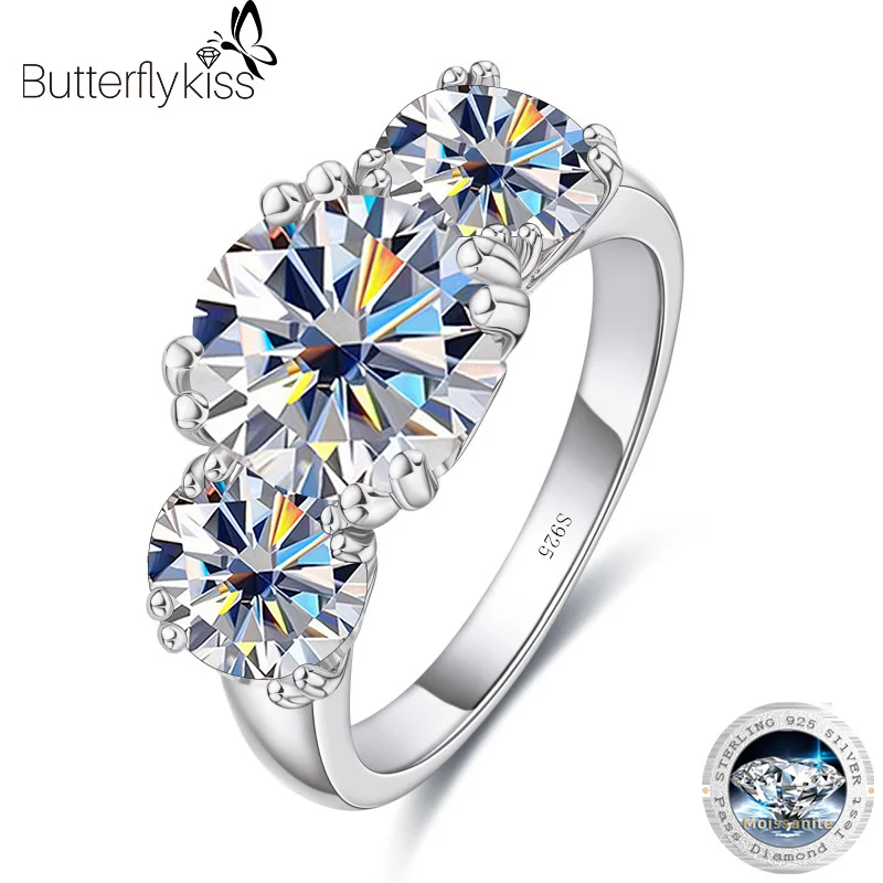 Butterflykiss 18k Plated 5.0 CT All Moissanite Rings For Women 3 Stones Sparkling Diamond Wedding Band S925 Sterling Jewelry GRA