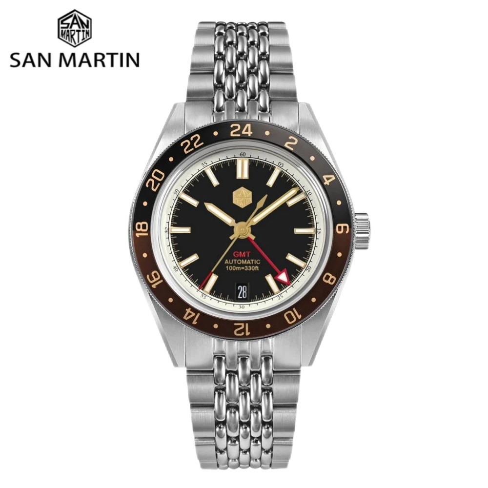 

San Martin 39.5mm Fashion Aluminum Bezel Men's GMT Watch NH34 Automatic 6H Date Automatic 10Bar BGW-X1 Lume Reloj SN0116-4