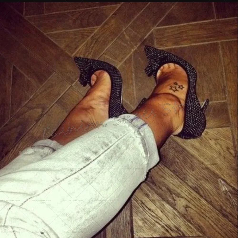 Zwarte Puntschoen Boog Knoop Decor Kristal Pompen Vrouwen Schoenen Stiletto Hoge Hakken Party Banket Dating 2025, Zapatos Para Mujere