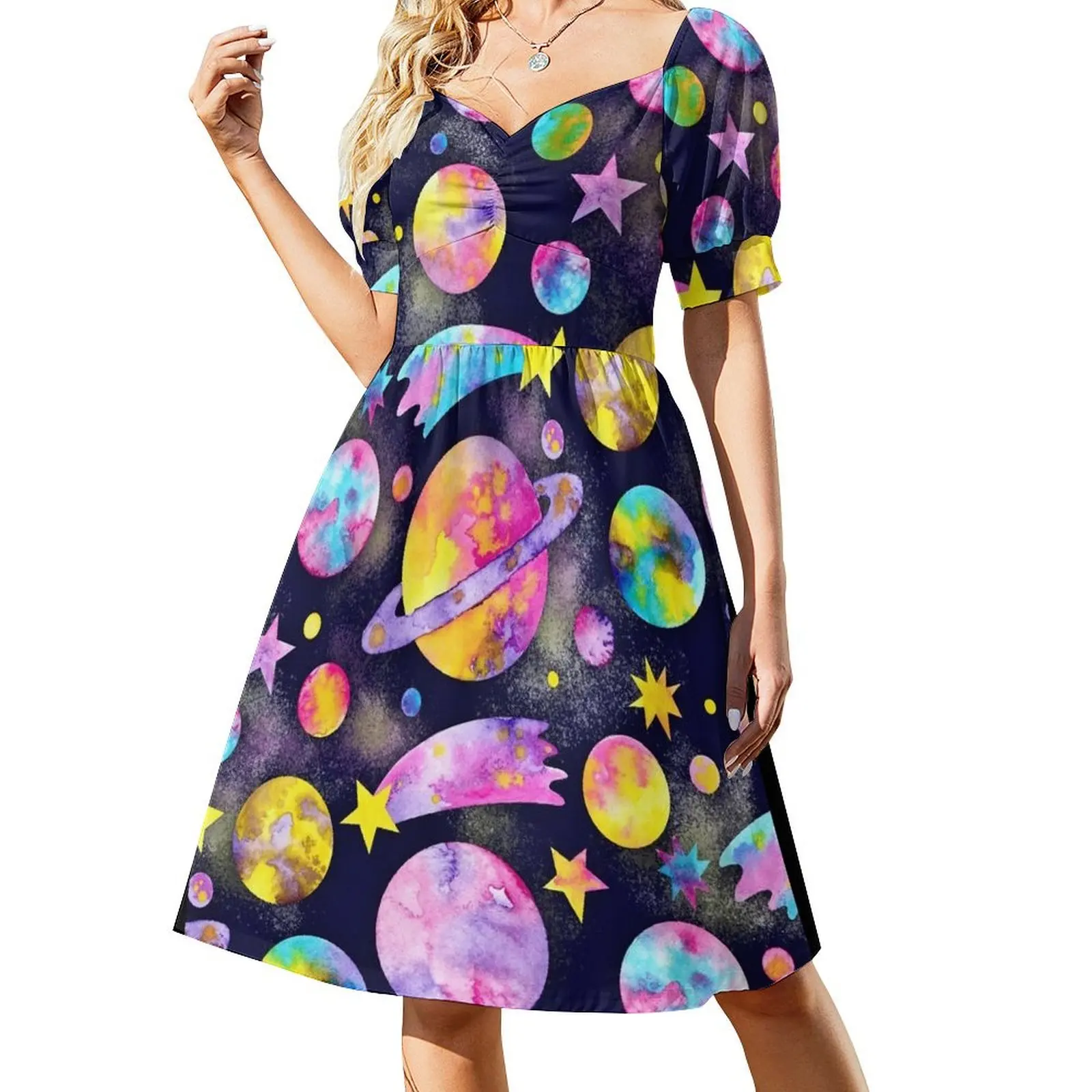 Outer Space Watercolour Planets All Over Pattern Short Sleeved Dress long dresses for women Dress