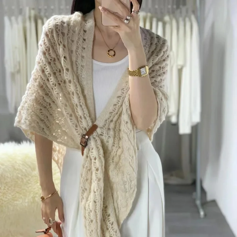 ATTYYWS Hot selling new product women's 100% wool shawl solid color knitted hollow women's long scarf shawl high-end versatile