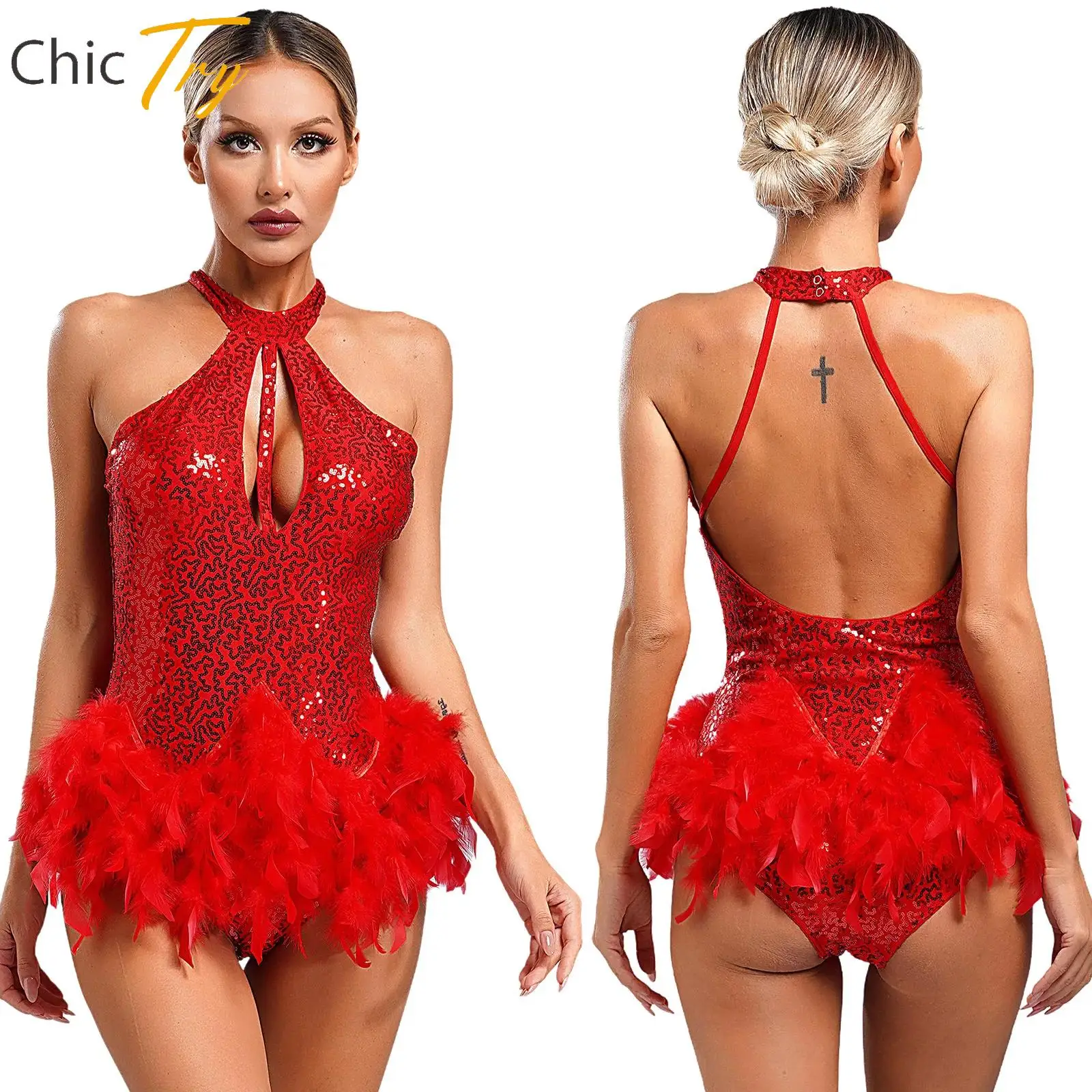 

Womens Latin Cha-Cha Tango Dance Dress Performance Dancewear Sleeveless Glittery Sequins Feather Dance Leotard Fancy Dress 2025