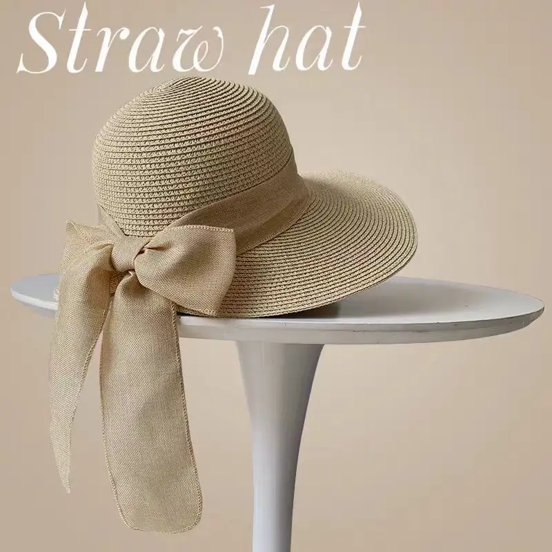 Straw Hat Fisherman Bow Streamer Large Visor Visor Sunblock Beach Hat