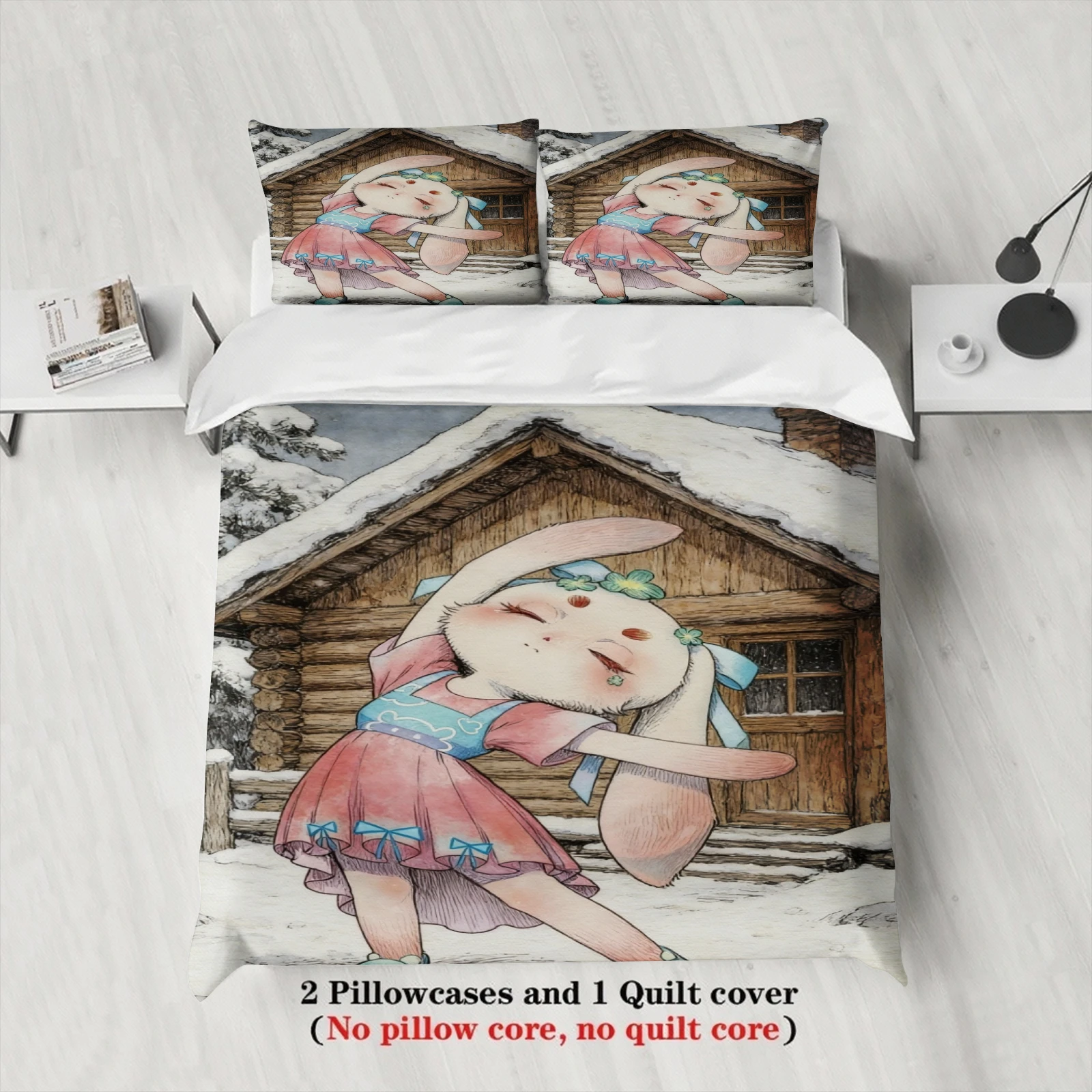 Softville Cozy Town 3PCS Bedding Sets Lop Rabbit Winter Wooden Cabin Pinted Duvet Cover No filling Cartoon Style Queen King Size