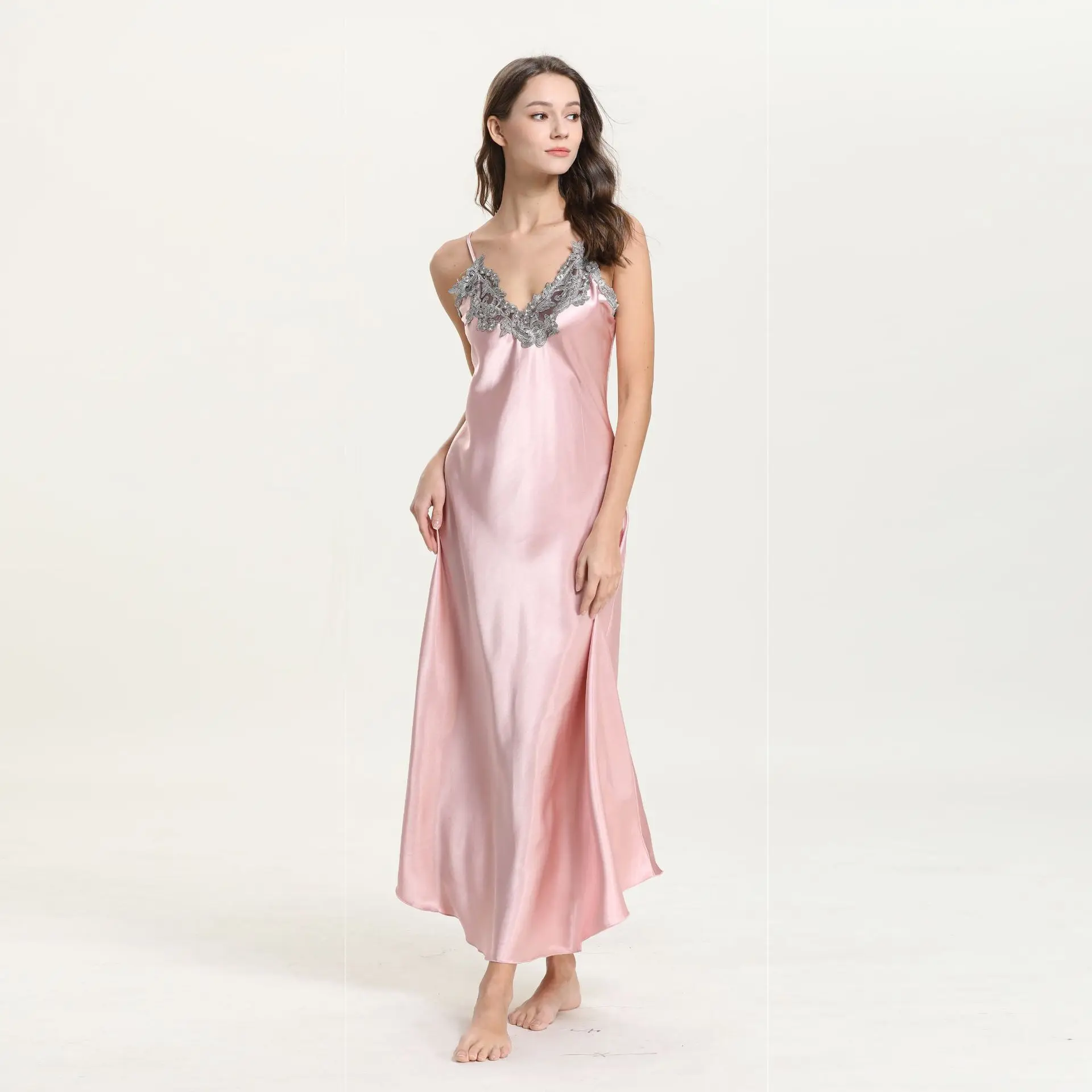 Chemise de nuit en satin de dentelle pour femmes, chemise de nuit sexy, chemise longue, vêtements de nuit