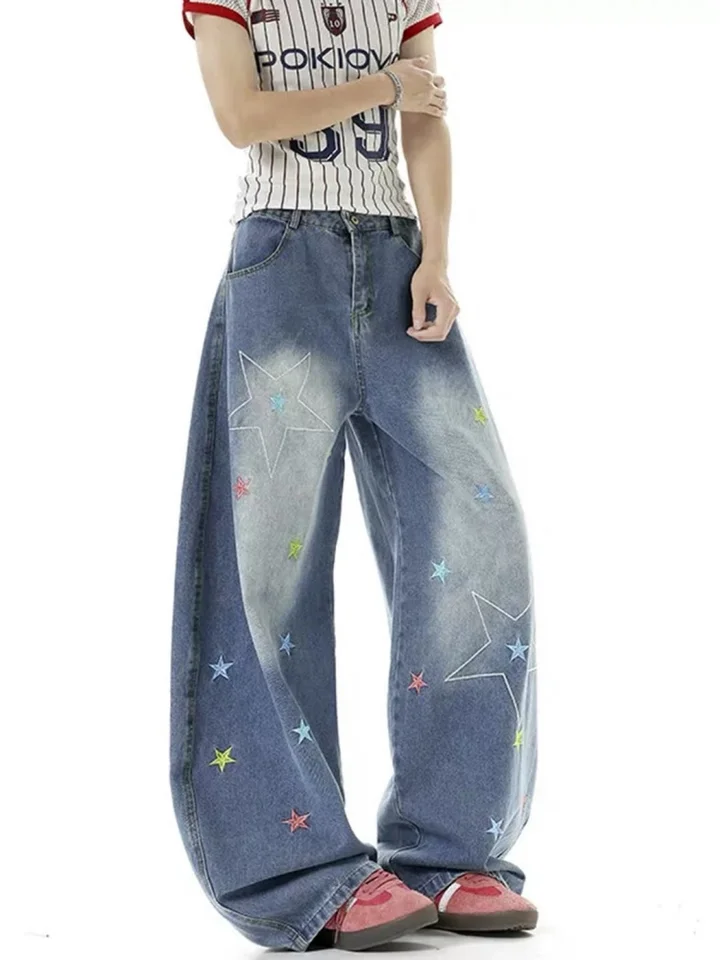 Women Blue Y2k Baggy Embroidery Star Jeans Harajuku Vintage Denim