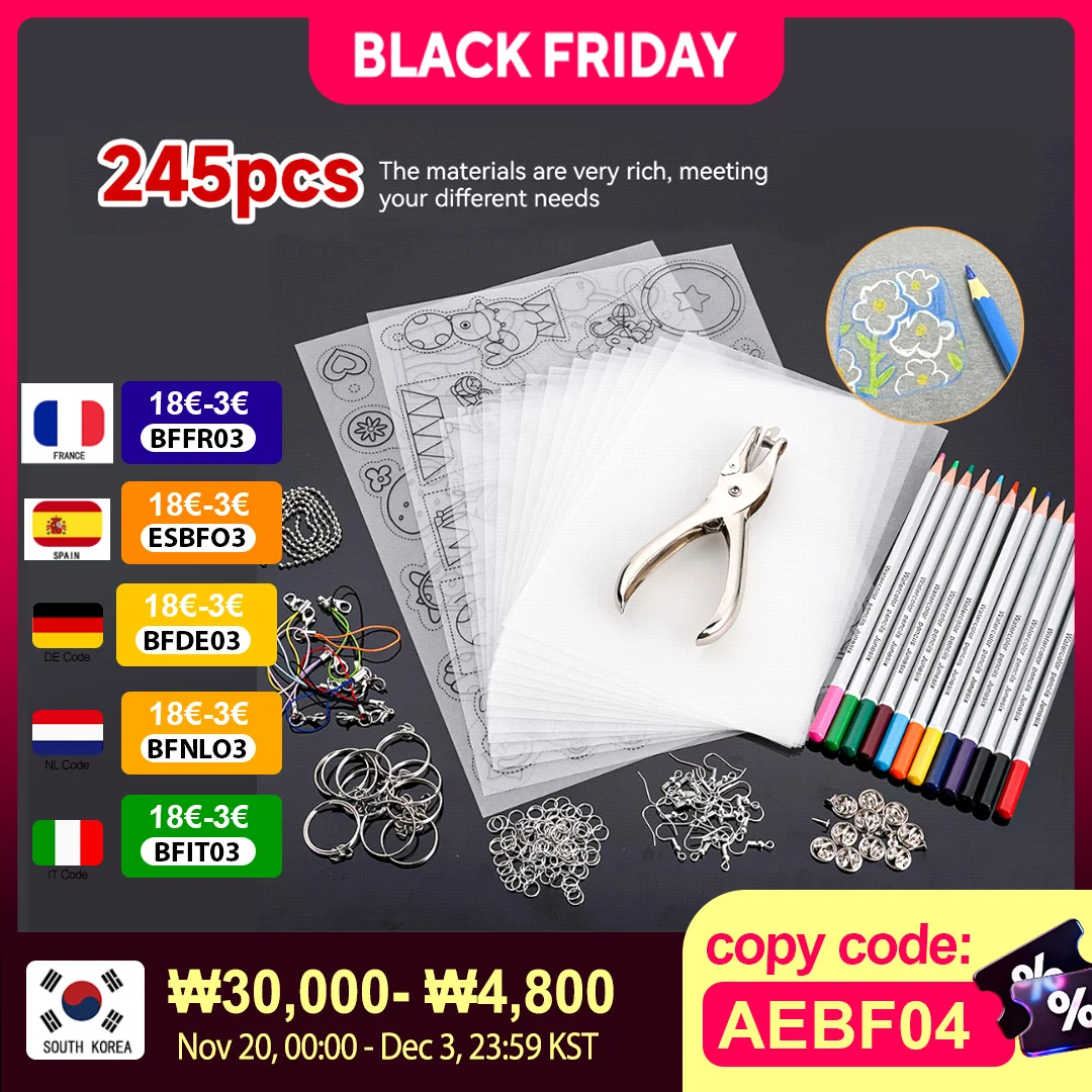 

145/198/245Pcs Shrinky Art Paper Heat Shrink Sheet Plastic Kit Hole Punch Keychains Pencils DIY Color Lead Manual Heat Material