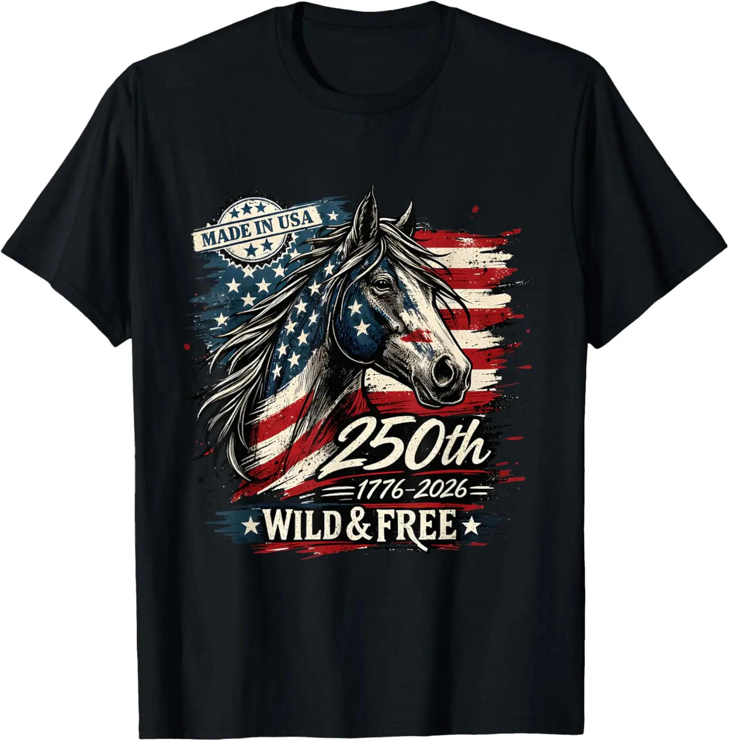 America 250Th Horse USA Flag Independence 1776-2026 Western T-Shirt 100% Cotton Trendy Y2K Short-Sleeve Tee-Soft, Quick-Drying,