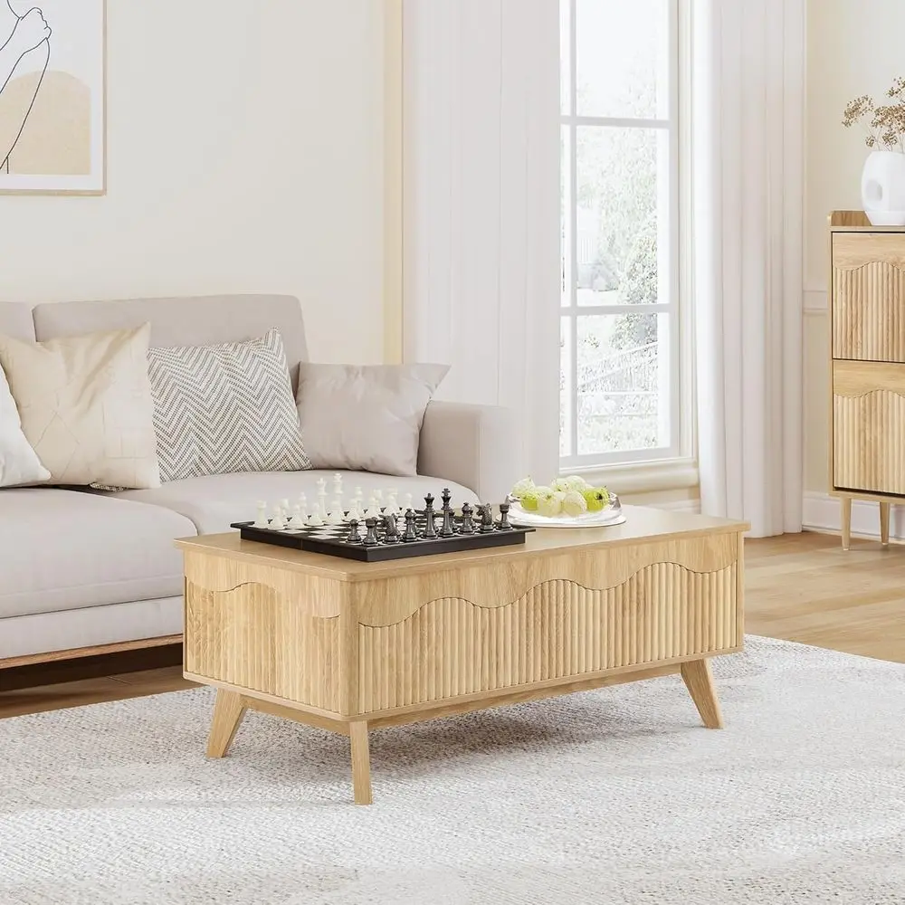 Mid-Century Coffee Table with Concealed Storage, Wave Edge Design, Natural Oak Finish for Living Spaces