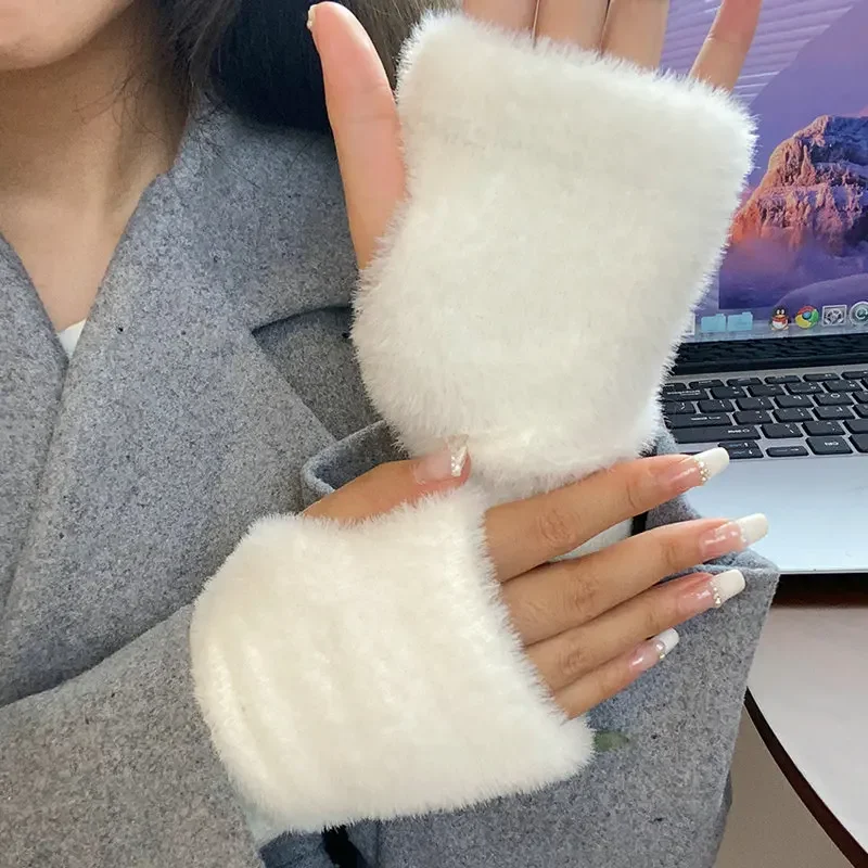 Mink Fleece Soft Winter Half Finger Gloves Women Warm Solid Color White Plush Knitted Fingerless Gloves Wrist Mittens Writting