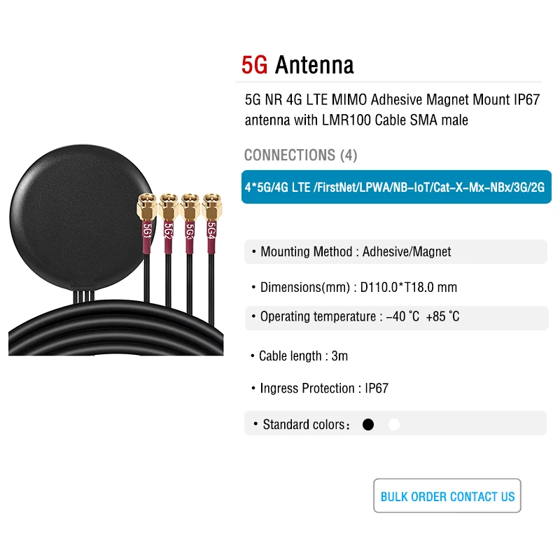 5G NR 4G LTE MIMO Adhesive Magnet Mount IP67 Antenna with LMR100 Cable SMA Male view 3