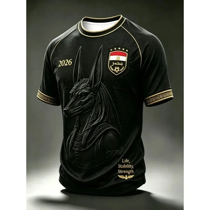 Egypt Inspired 3D Print Football Jersey 2026  Ancient Anubis Pattern Black Gold Quick Dry Breathable Unisex Fan Soccer T-shirt