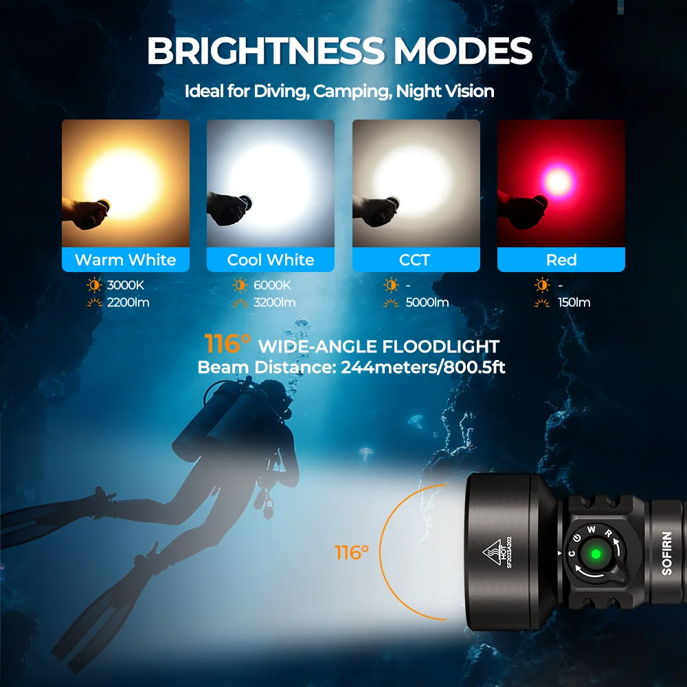 

SOFIRN SD11 5000lm Scuba Diving Flashlight 224m Red LED Light 7500mah USB C Rechargeable Adjustment with Warm Torch