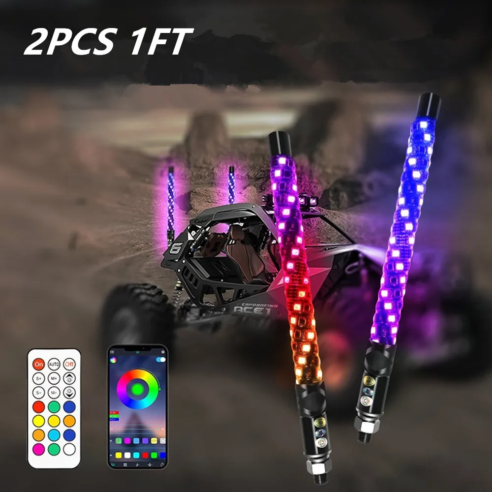 2PCS LED Flagpole Whip Lights 1FT Bluetooth App LED Whip Lights Spiral Flagpole Lamp for ATV Truck UTV Off RZR