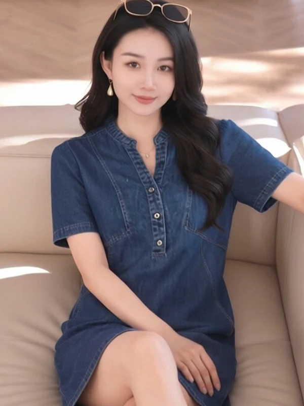 Summer 2026 Women's Casual V-neck Short-sleeved Denim Dress Loose Slimming Thin Casual Mid-length Skirt Breathable Comfortable