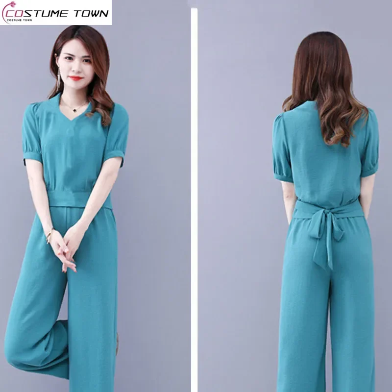 

Spring and summer new Korean women's fashion short sleeved top+casual wide leg pants two-piece set