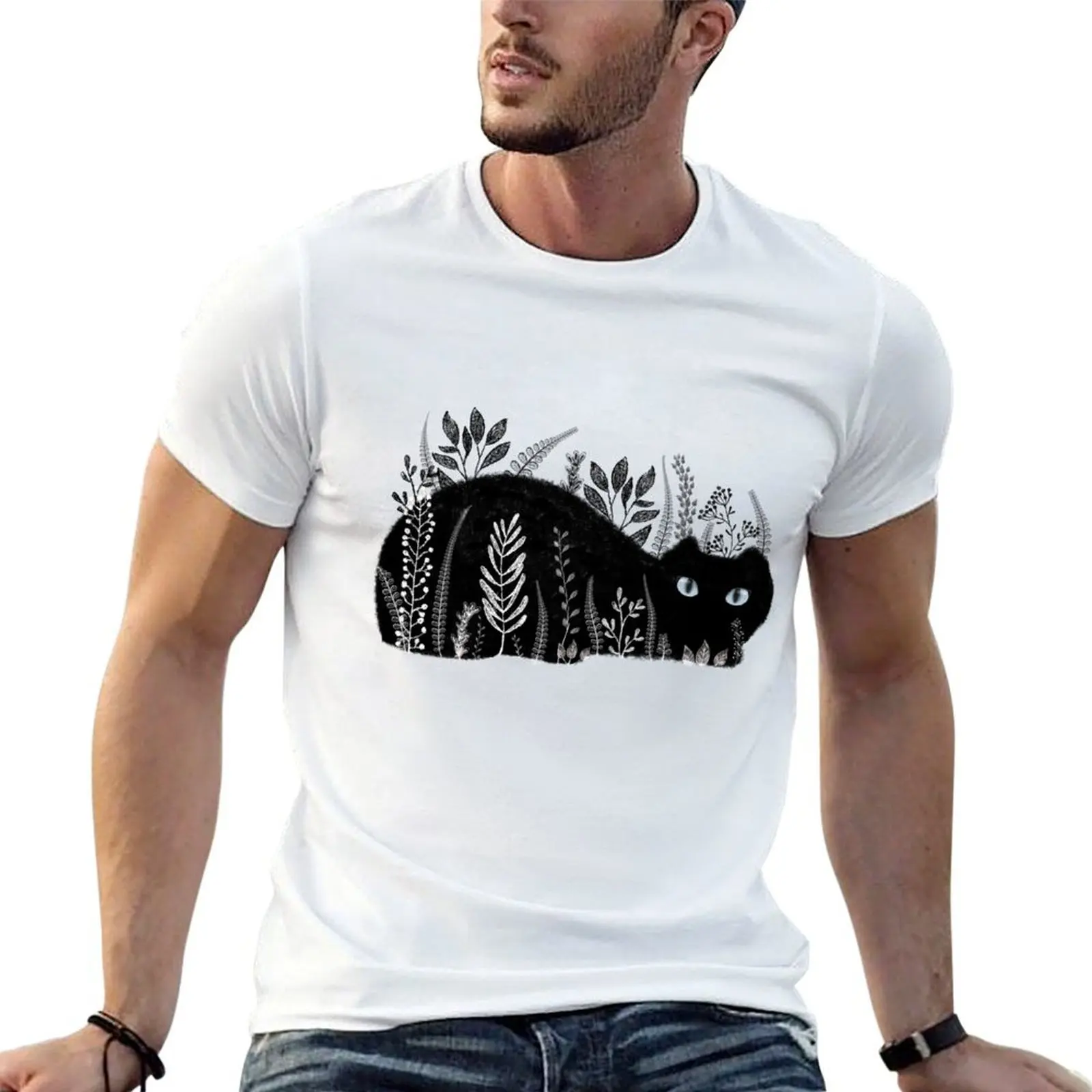 

Garden Cat in Black and White T-Shirt anime t shirts oversize t shirt man plain t shirt personalised T-shirt