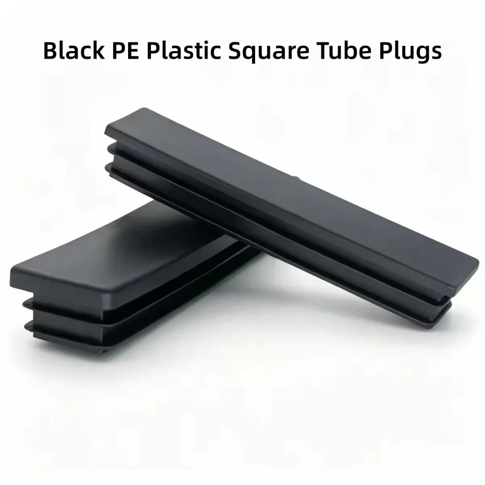 Black PE Plastic Square Tube Plugs, 10-200mm Dustproof End Caps, Anti-Slip Wear-Resistant Feet Inserts for Furniture Legs