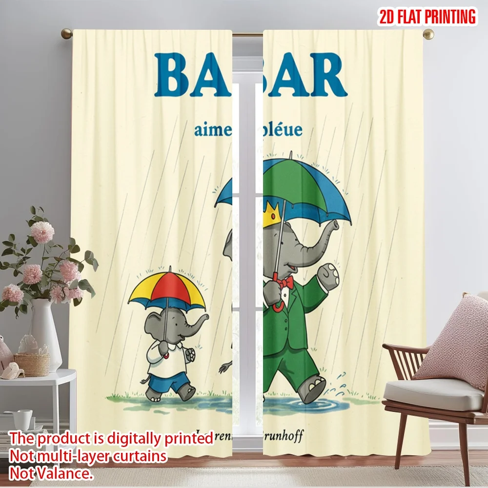 

2pcs 2D flat printing Party Window Curtains Babar Elephant Rain Umbrella Polyester Without Electricity Festive Curtains Perfect