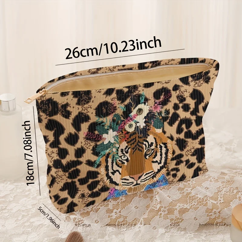 Fashionable tiger leopard print corduroy makeup bag with zipper, lightweight multifunctional cosmetic storage bag with lining