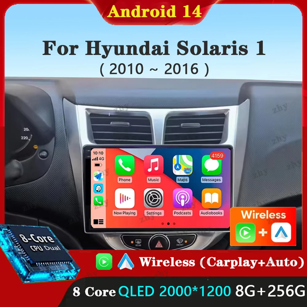 For Hyundai Solaris 1 2010-2016 9" Android 14 2K QLED Stereo Car Radio Multimedia Video Player GPS WIFI 4G CarPlay Head Unit BT