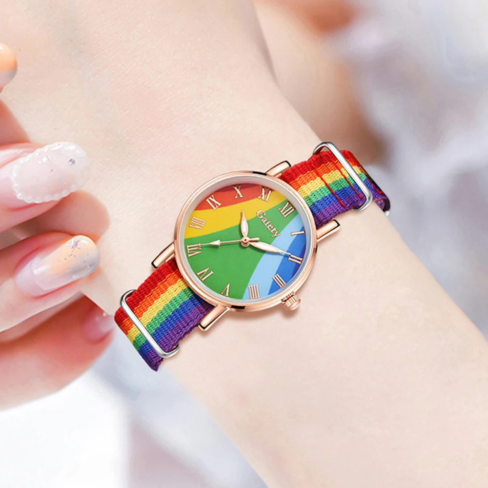 مجموعة ساعات نسائية عصرية مكونة من 4 قطع، مجموعة أساور كوارتز عصرية وشخصية من عناصر قوس قزح، هدية مثالية #4