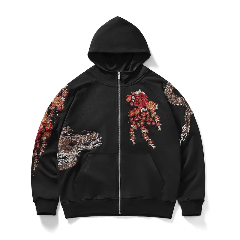 2023 Hoodie Sweatshirt Men Streetwear Retro Dragon Embroidery Hooded Cotton Harajuku Zipper Hoodie Hip Hop Clothing