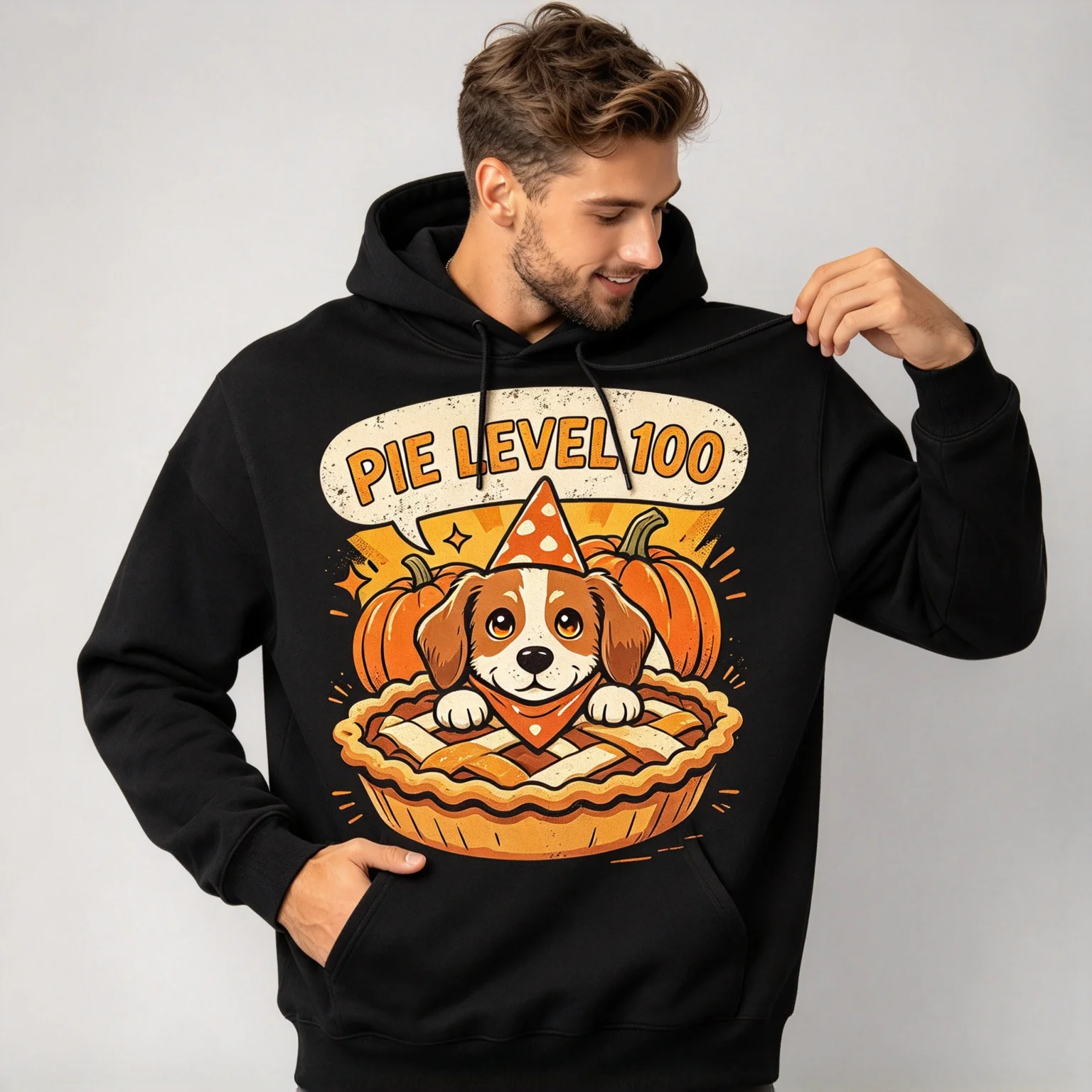 Men’s Casual Streetwear Hoodie “Pie Level 100” Comic Dog Print Casual Clothes Cotton Pullover Long Sleeve Male Hooded Sweatshirt