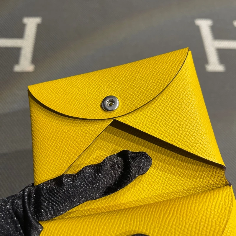 Genuine Leather Key Coin Document Pouches Button Closure Amber Yellow Practical Wallets for Men And Women