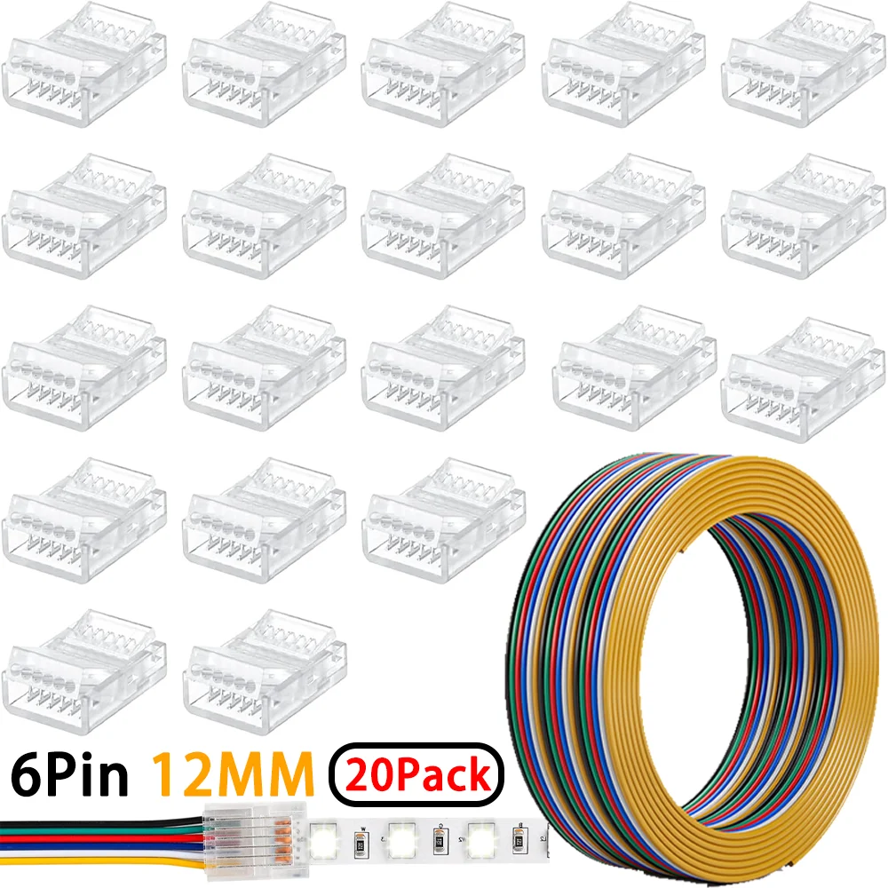 6Pin LED Connectors 12MM Strip To Wire with 22AWG Extension Wire for SMD5050 Strip Light Connectors Transparent Crystal Buckle