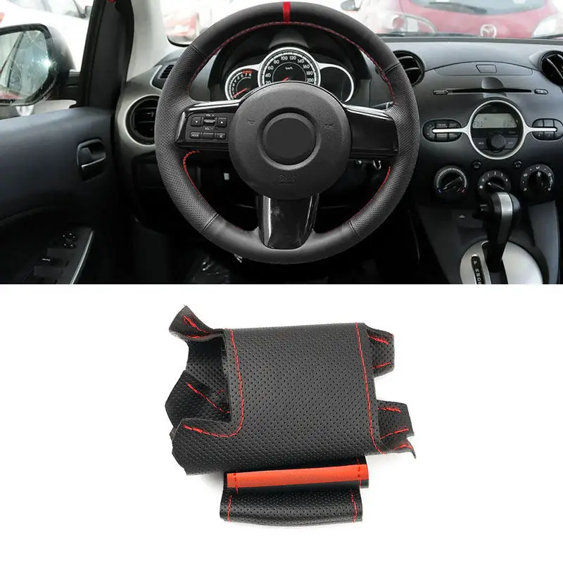 Für Mazda 2 2007 2008 2009 2010 2011 2012, schwarz-rote Linie mit rotem Streifen, Handgeflechte auf dem Auto-Lenkradbezug, Lederbesatz
