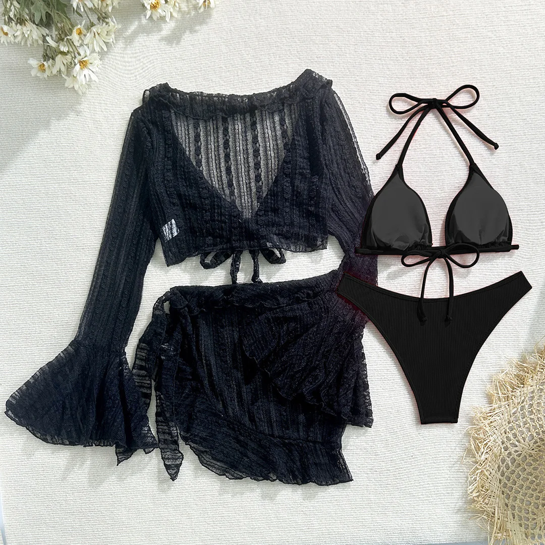 10 Farben, mit Sarong, langärmeliges Bikini-Oberteil, Damen-Badebekleidung, Damen-Badeanzug, vierteiliges Bikini-Set, Badeanzug, Badebekleidung, Modell V6338E. – Detail 32