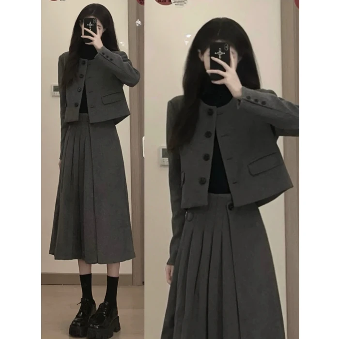 

2023 Autumn Winter Women New 2 Pieces Skirt Sets Female Long Sleeve Woolen Jackets & High Waist Pleated Skirts Ladies Suits U353