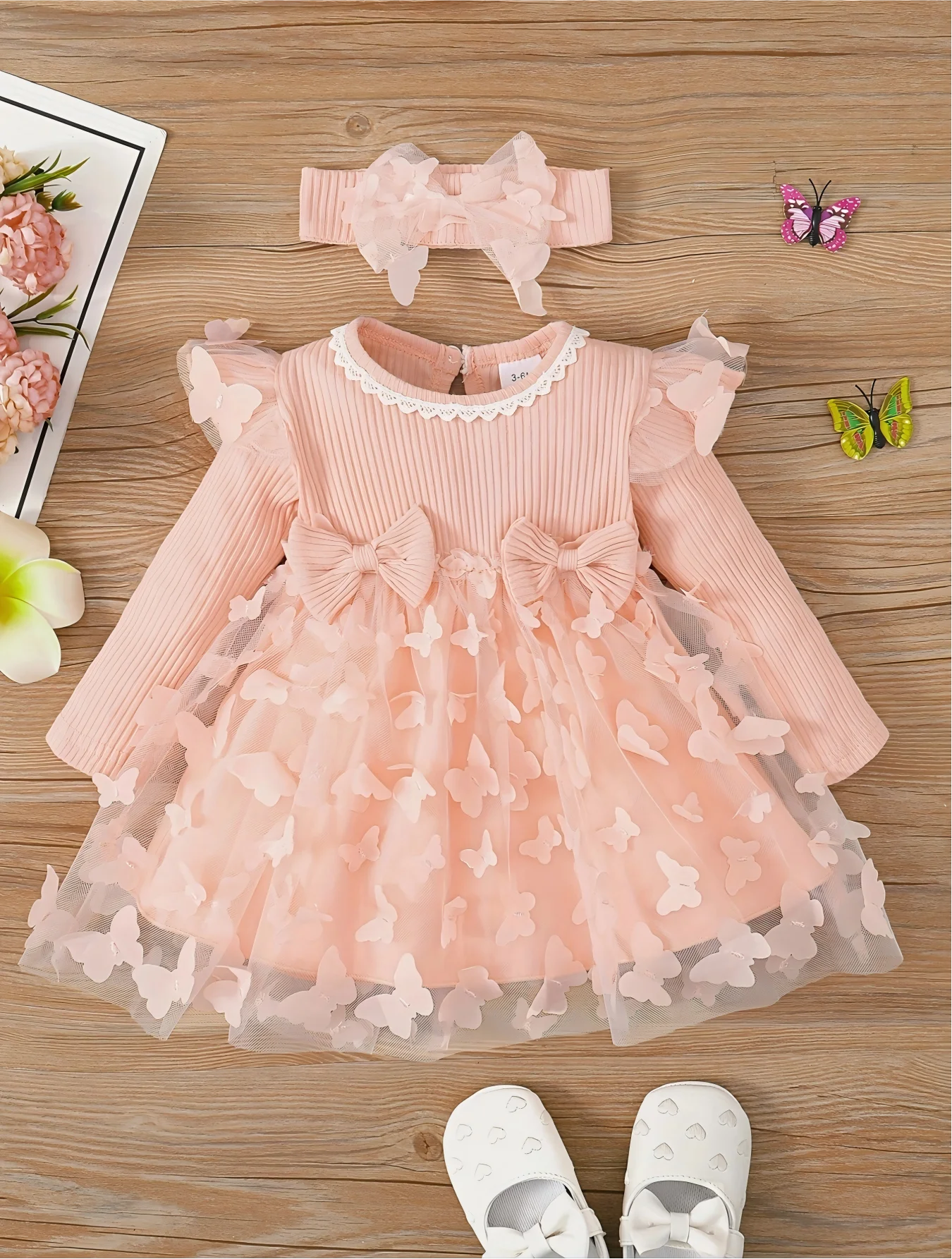 Newborn Baby Girl 2-Piece Set, Pink Long Sleeve Crew Neck Dress with Lace & Butterfly Tulle Splicing, Cute Princess Party Outfit