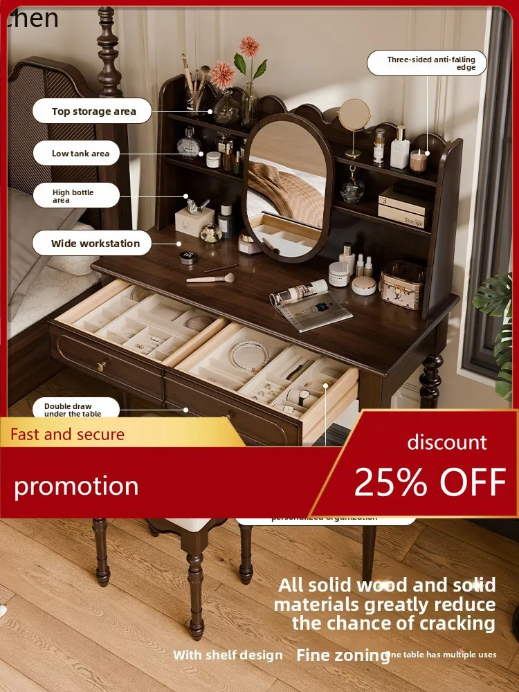 ZML Solid Wood Dressing Table Bedroom Simple Vintage Desk Makeup Mirror Table Dressing Stool