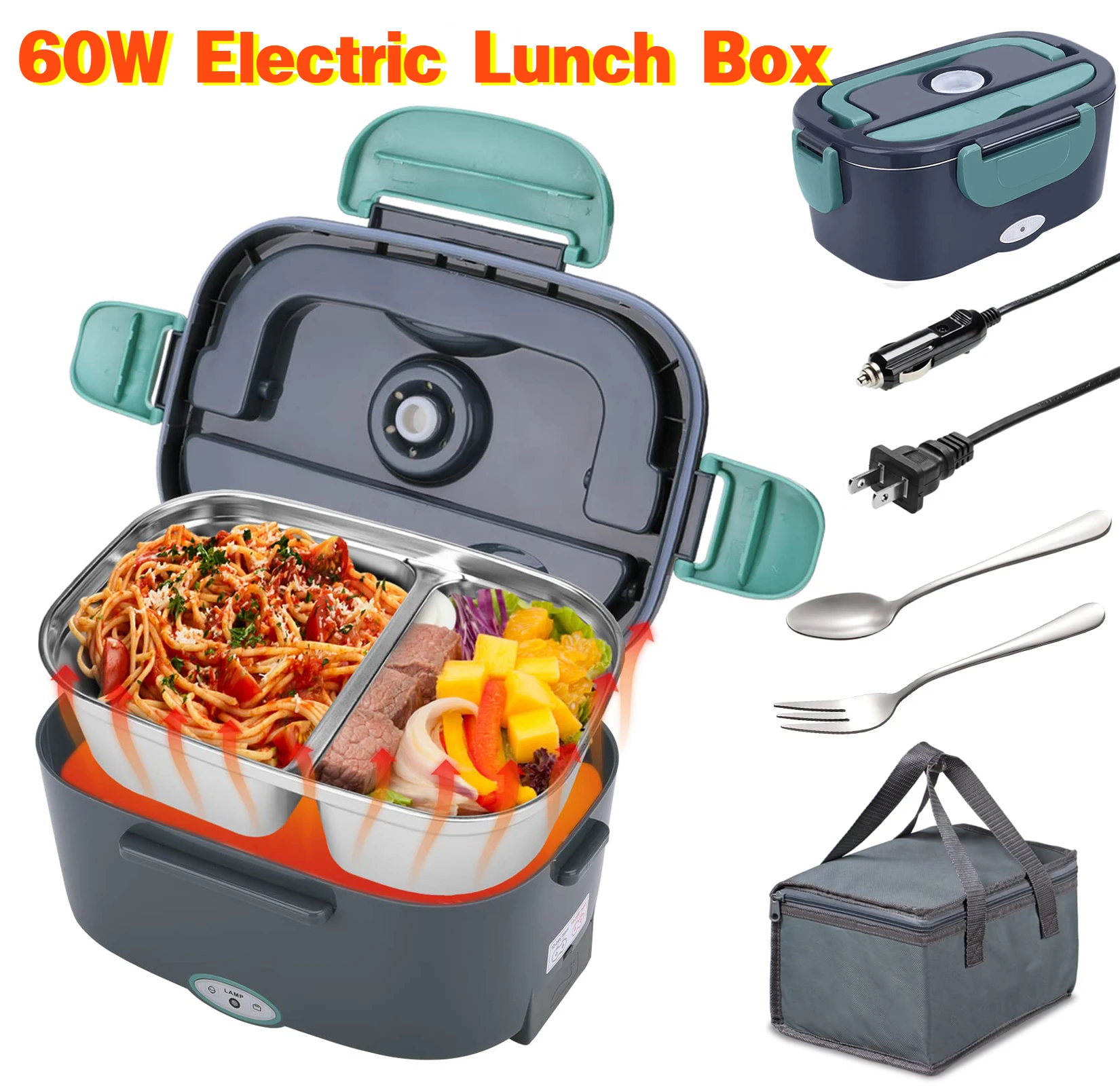 110/220V Electric Lunch Box Food Heater with 1.5L Removable Container 60W Leakproof Portable Lunch Box for 12/24V Car Truck Work