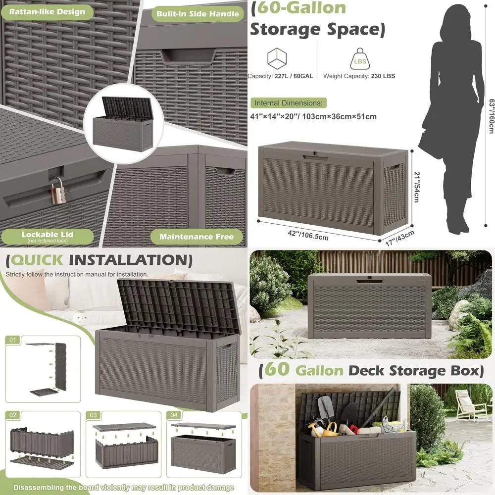 

Gray 60 Gallon Weatherproof Outdoor Storage Box with Lockable Lid for Garden, Patio, and Pool Accessories