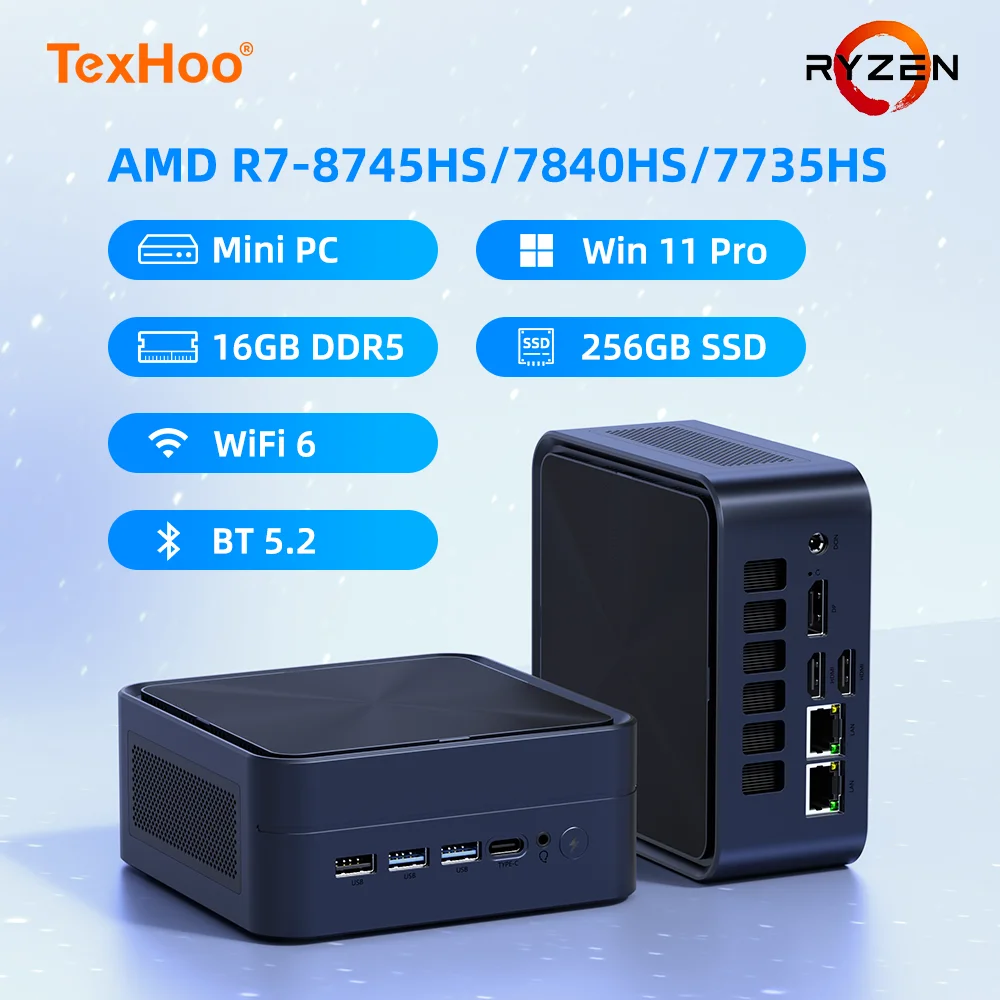 TexHoo Mini PC Windows 11 Pro, AMD Ryzen 7 8745HS Doppio canale 16 GB DDR5 512 GB SSD 4K Mini computer WiFi6 BT5.2, computer da gioco